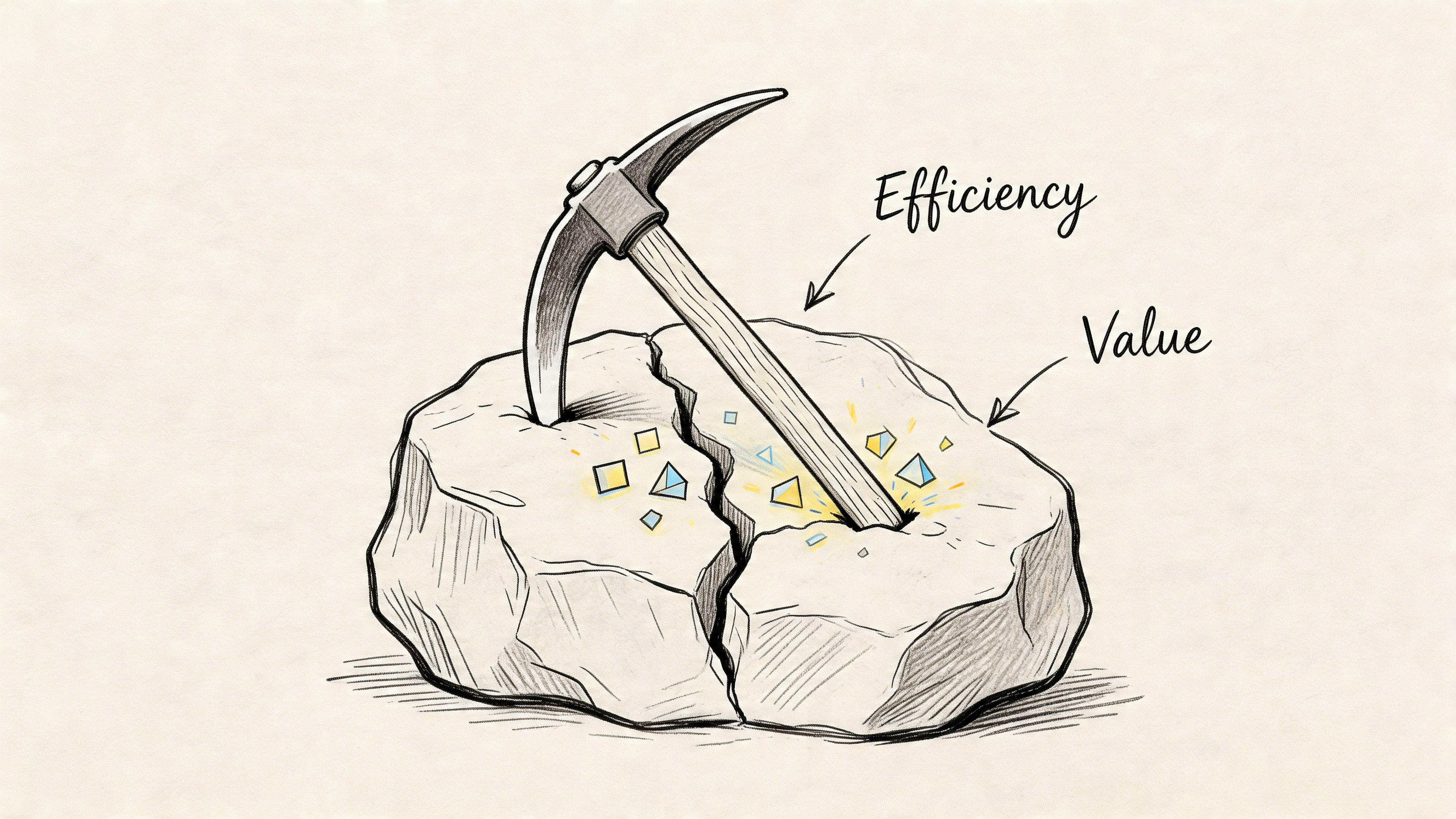 A pencil sketch of a pickaxe splitting a rock, revealing gems, representing efficiency and value.