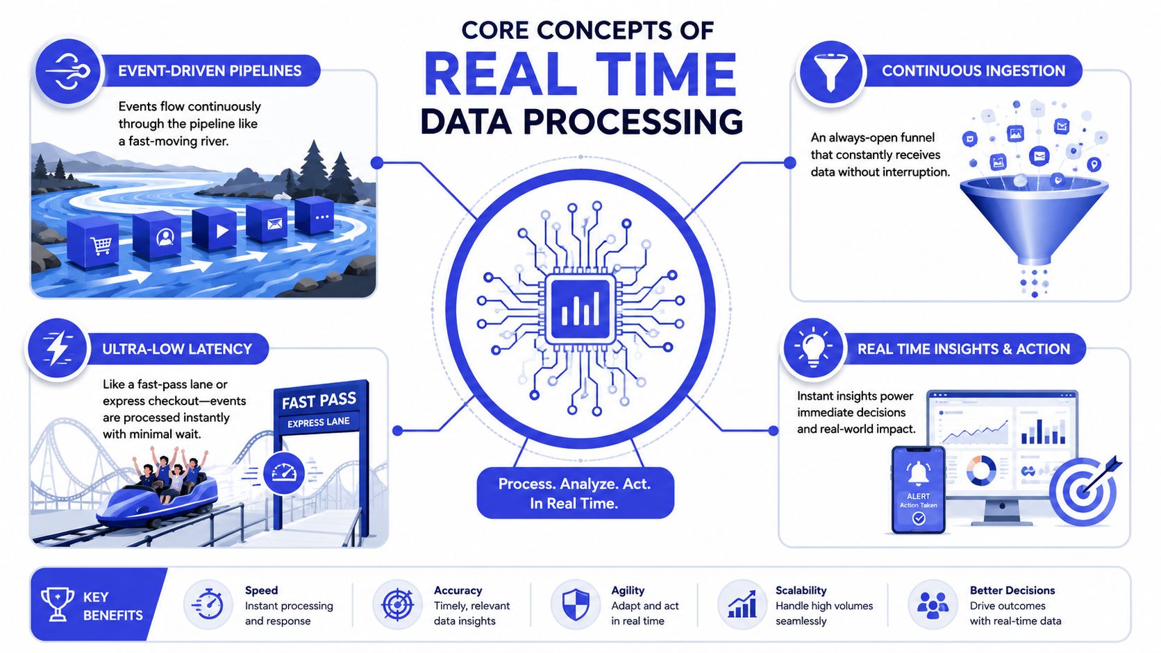 An infographic illustrating core concepts of real-time data processing, including ingestion, pipelines, latency, and business benefits.
