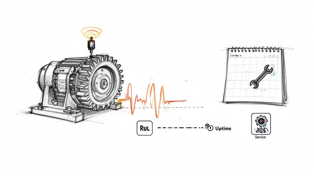Esboço que ilustra a manutenção preditiva: sensor de máquina, ondas de dados, Vida Útil Restante, tempo de funcionamento e agendamento de manutenção.