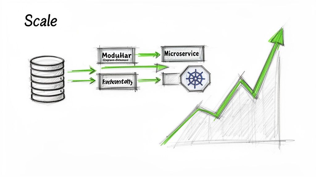 Diagram illustrating software architecture evolution for scale, showing a database feeding modular components, microservices, Kubernetes, and an upward growth trend.