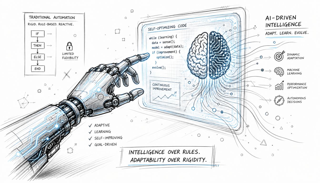 Ilustração conceptual que compara a automatização tradicional baseada em regras com a inteligência avançada orientada por IA e auto-otimizável, usando uma interface com mão robótica.