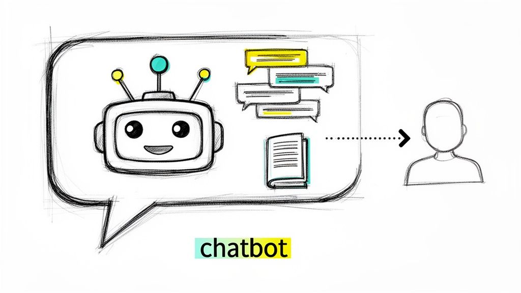 An illustration of a friendly chatbot inside a speech bubble, conversing with a human user, representing AI interaction.