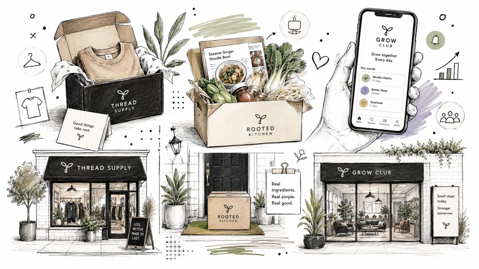 An artistic sketch showcasing different business models including clothing, meal kits, and a wellness app.