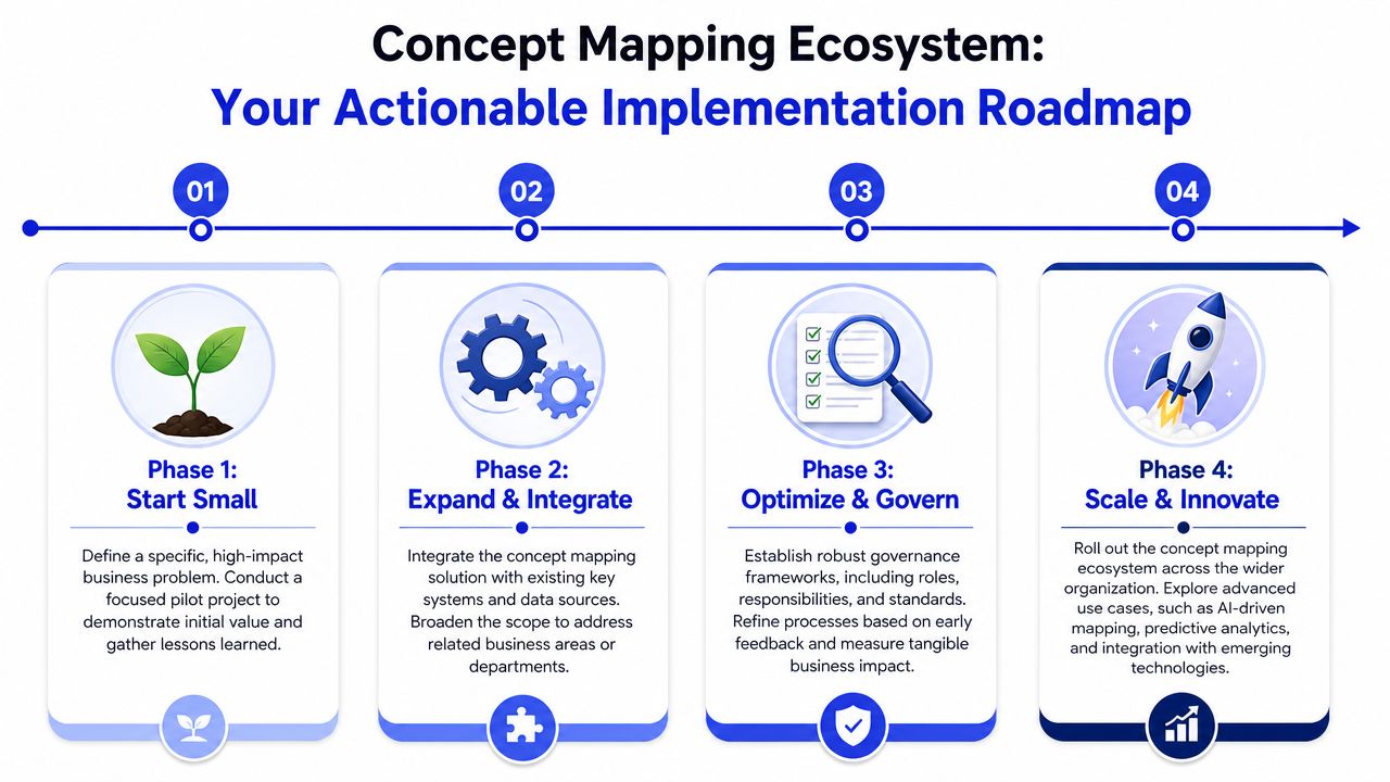 A four-phase implementation roadmap for developing a concept mapping ecosystem in a business environment.