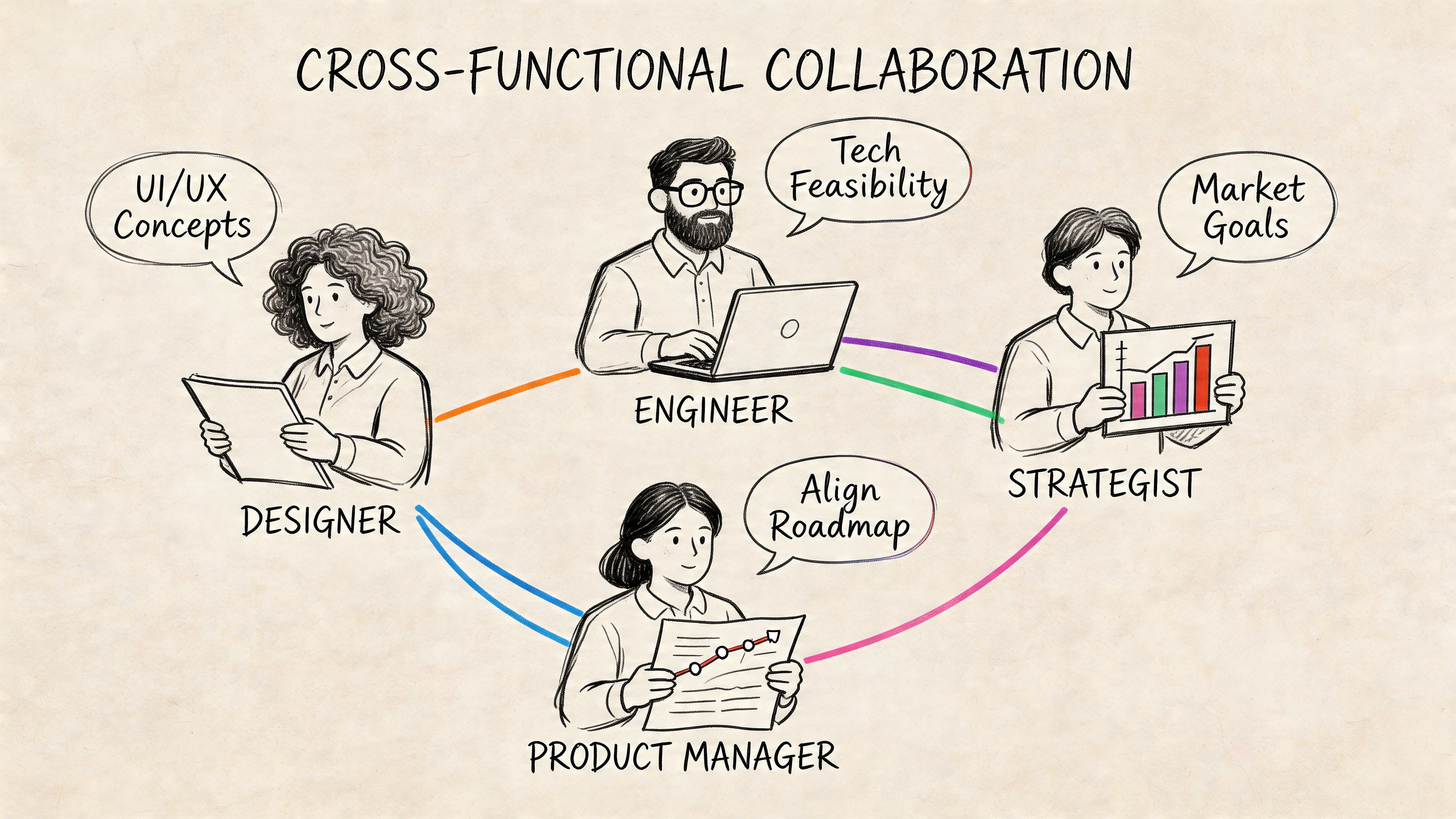 A hand-drawn illustration showing a designer, engineer, strategist, and product manager collaborating on business development tasks.