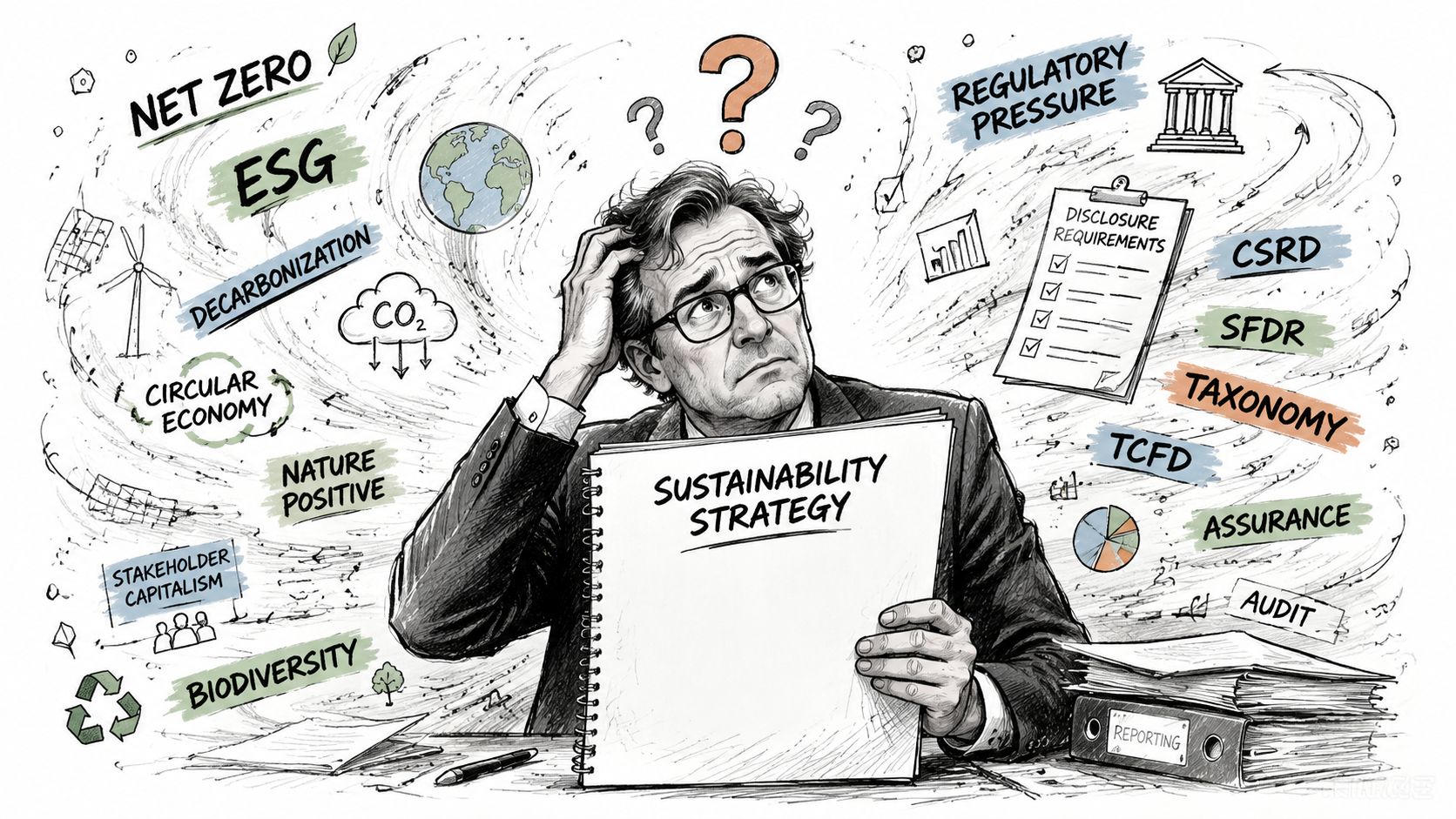 A confused businessman looks at many complex sustainability and regulatory ESG reporting requirements in an office setting.