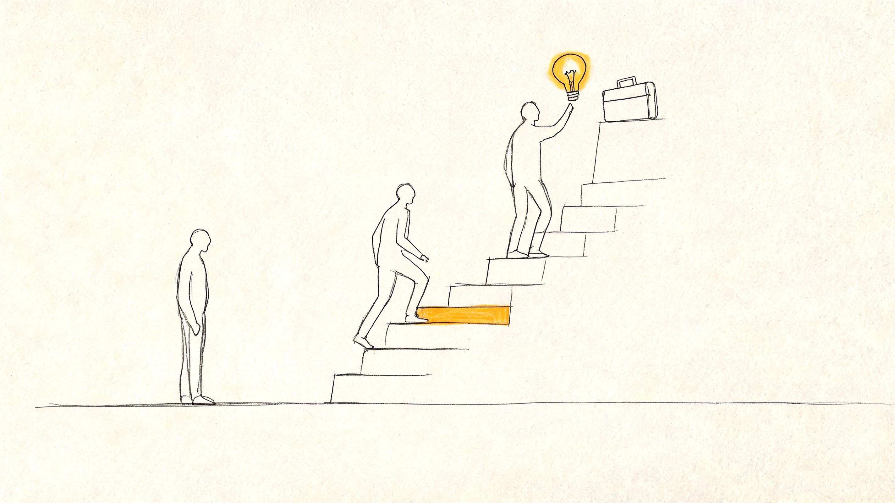 A minimalist line drawing showing three people illustrating career growth, ambition, and reaching for new ideas.