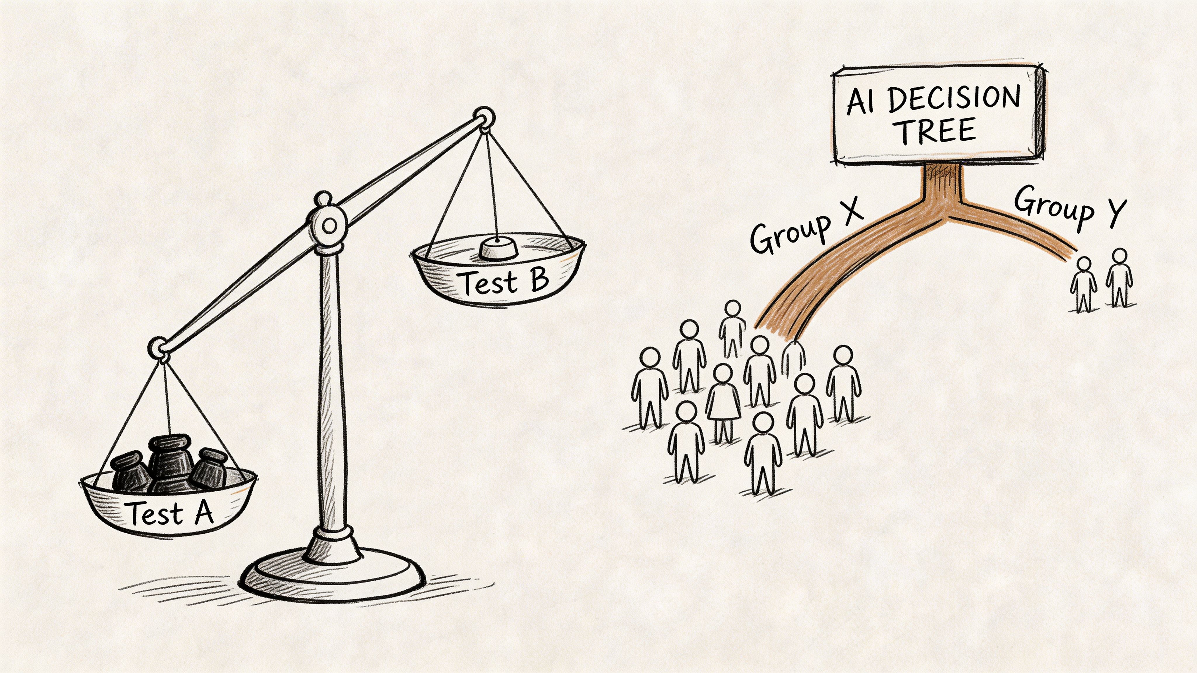 A hand-drawn illustration contrasting weighing scales comparing tests with an AI decision tree sorting people.