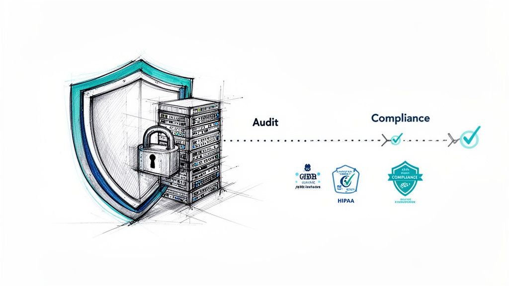A visual representation of data security, audit processes, and compliance with regulations like HIPAA and SOC 2 Type 2.