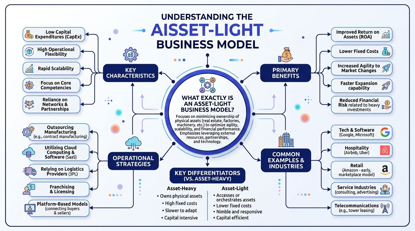 An infographic diagram explaining the asset-light business model through its characteristics, benefits, operational strategies, and industry examples.