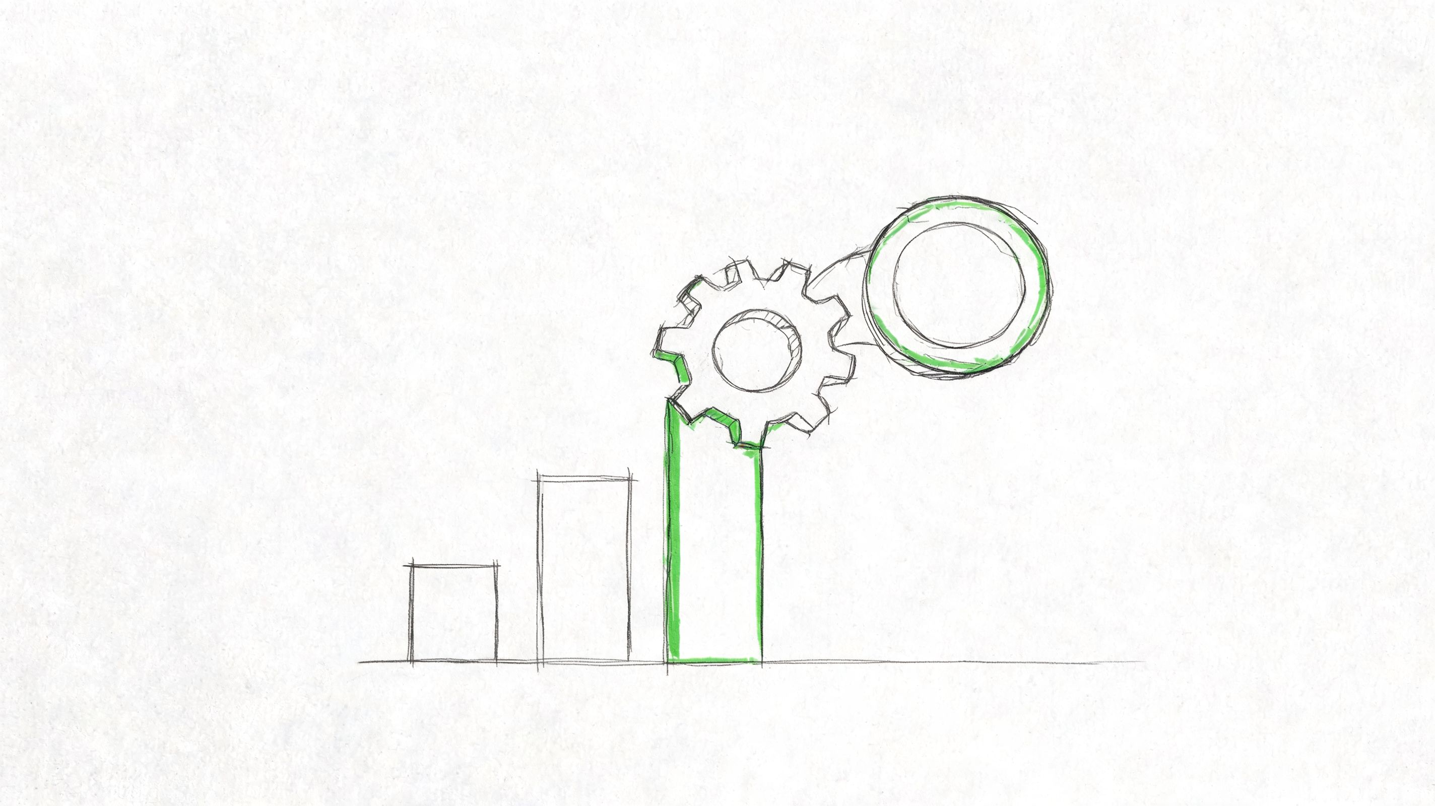 A hand-drawn sketch of a bar graph where the tallest bar is topped with a gear mechanism.