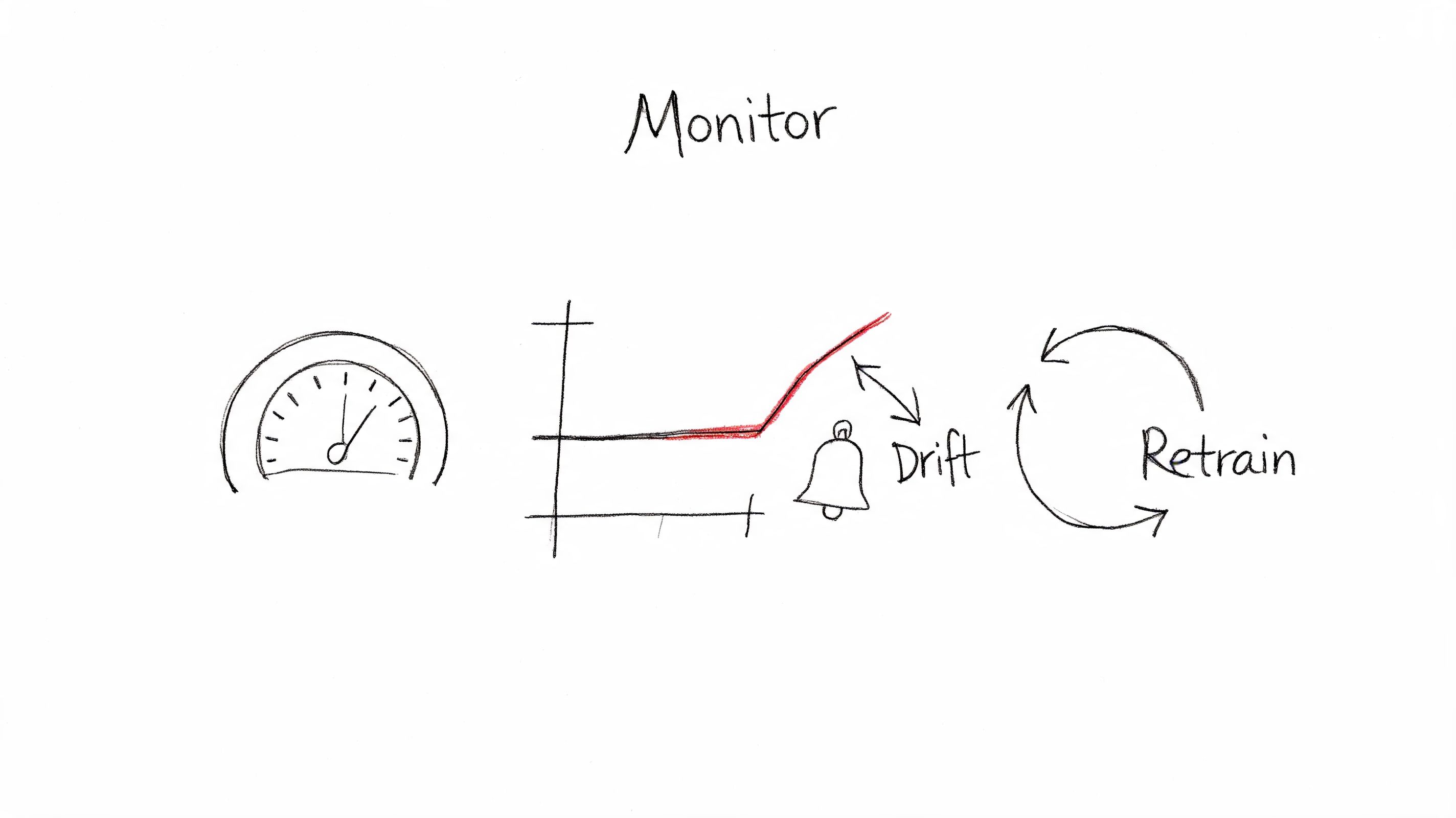 Ilustração desenhada à mão que mostra um manómetro de monitor, um gráfico de drift e um ciclo de re-treino para machine learning.