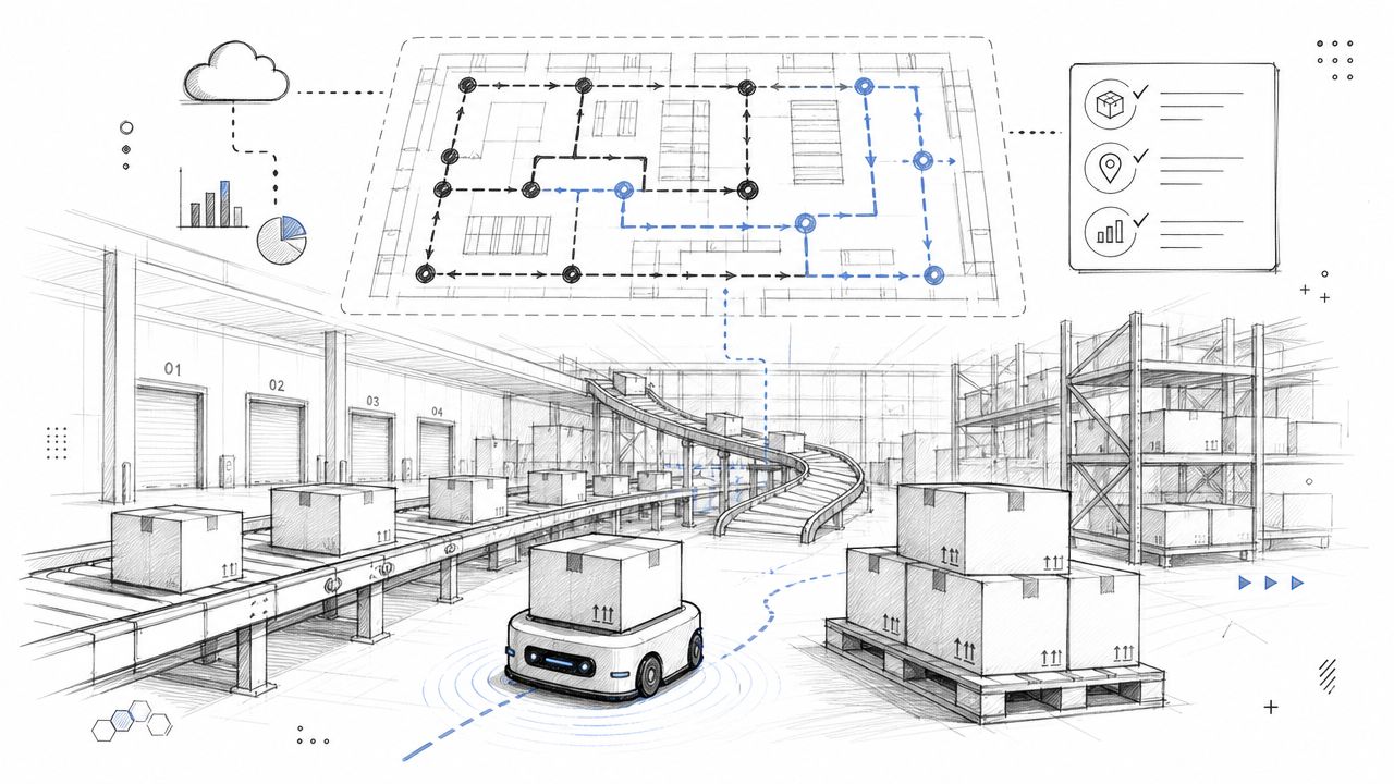 A digital illustration showing a modern warehouse with automated robots, conveyor belts, and logistics mapping diagrams.