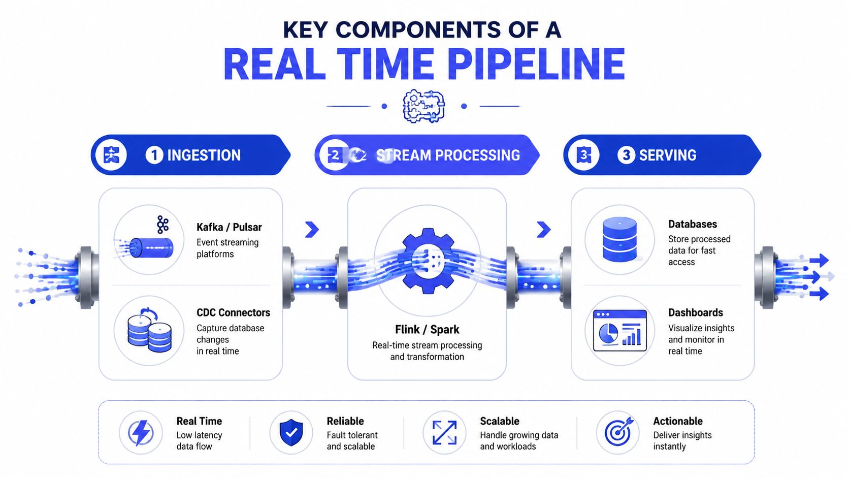 A diagram illustrating the three key components of a real-time data pipeline: ingestion, stream processing, and serving.