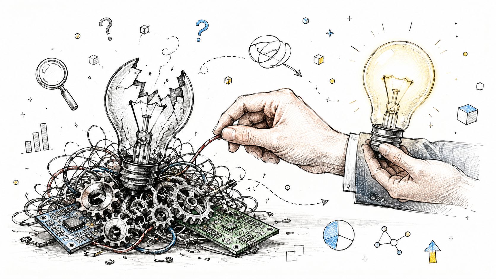 A hand replacing a broken lightbulb with a glowing one amidst gears and electronic circuit boards.