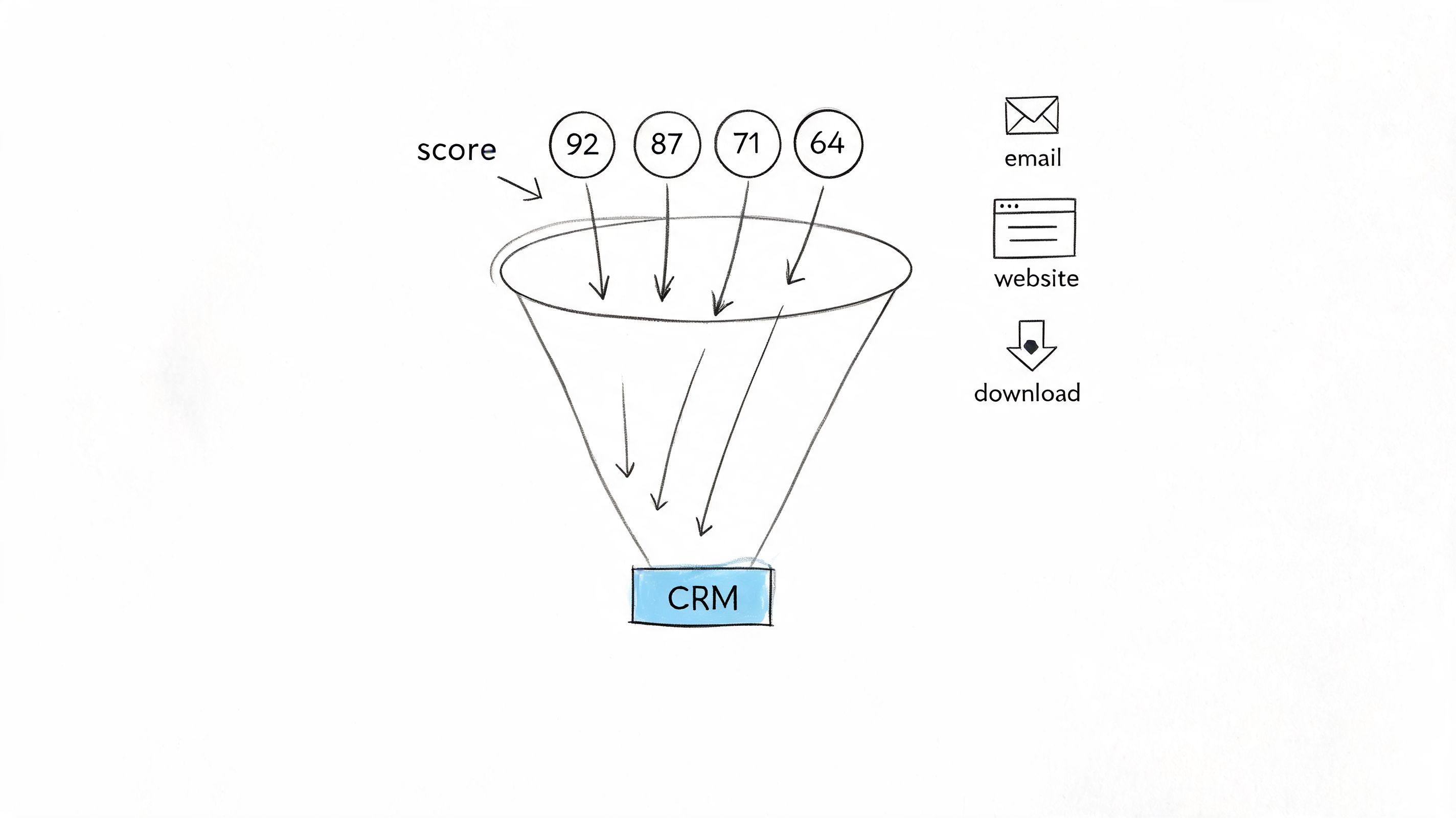 A diagram illustrating lead scoring where various scores flow into a CRM through a marketing funnel.