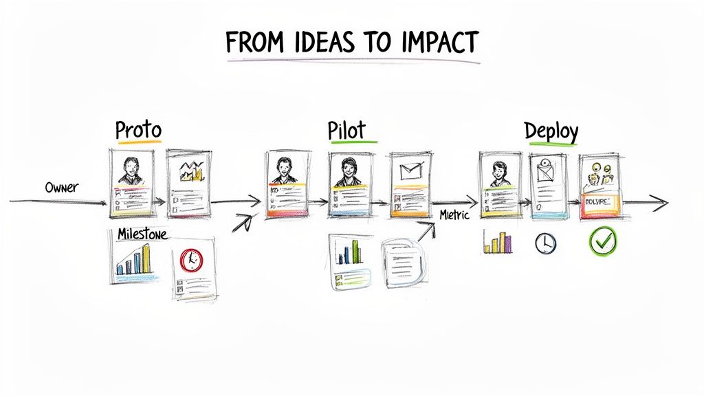 Fluxograma que ilustra o processo "Das Ideias ao Impacto", com as fases de Protótipo, Piloto e Implementação, incluindo tarefas, responsáveis, métricas e marcos.