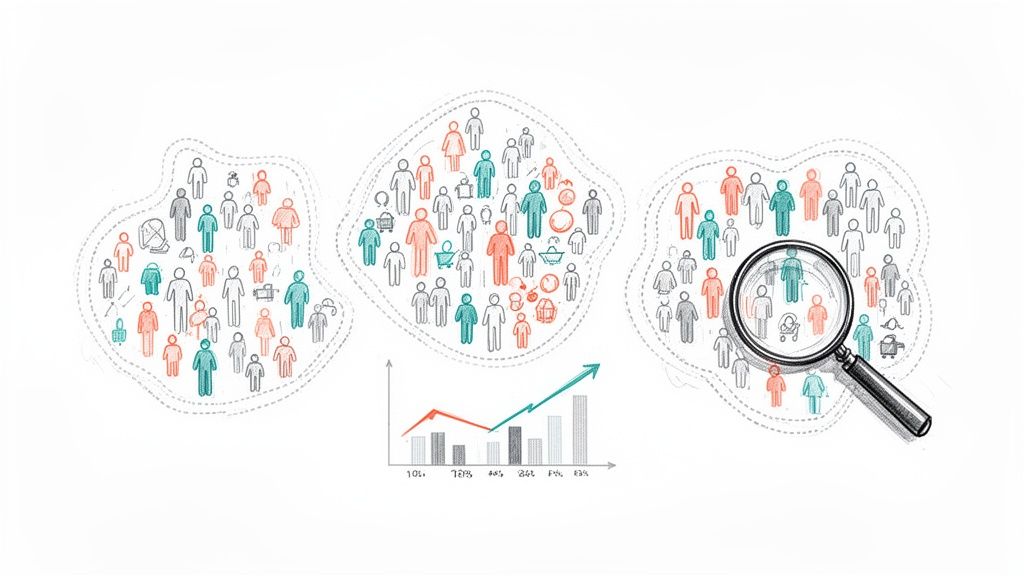 Ilustração de segmentação de clientes, análise de mercado e tendências de crescimento com ícones de pessoas e uma lupa.
