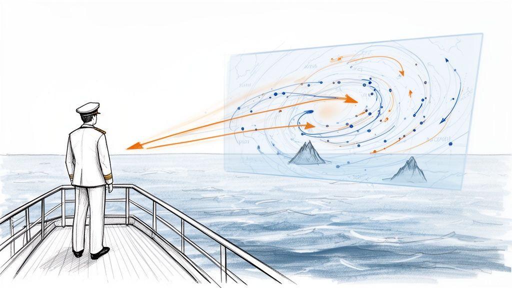 A naval officer on a ship's deck observes a holographic tactical display over the ocean, showing swirling data and arrows.