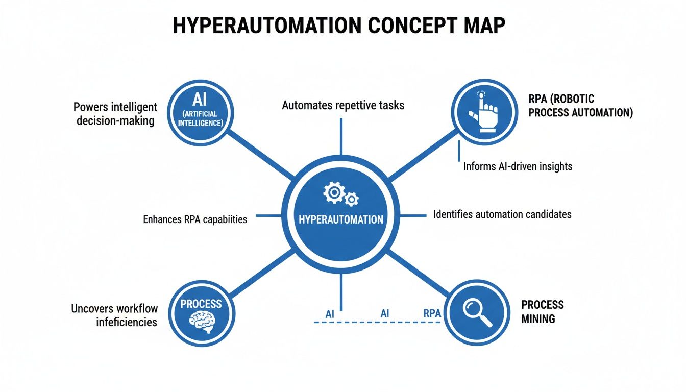 Mapa conceptual que ilustra a hiperautomação, ligando IA, RPA, processo e process mining com os respetivos benefícios.