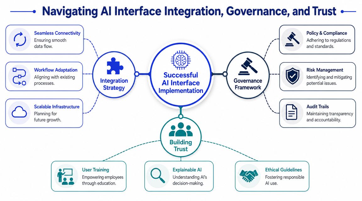 Diagrama que describe los pilares clave para una implementación exitosa de interfaces de IA, incluyendo integración, gobernanza y construcción de confianza.