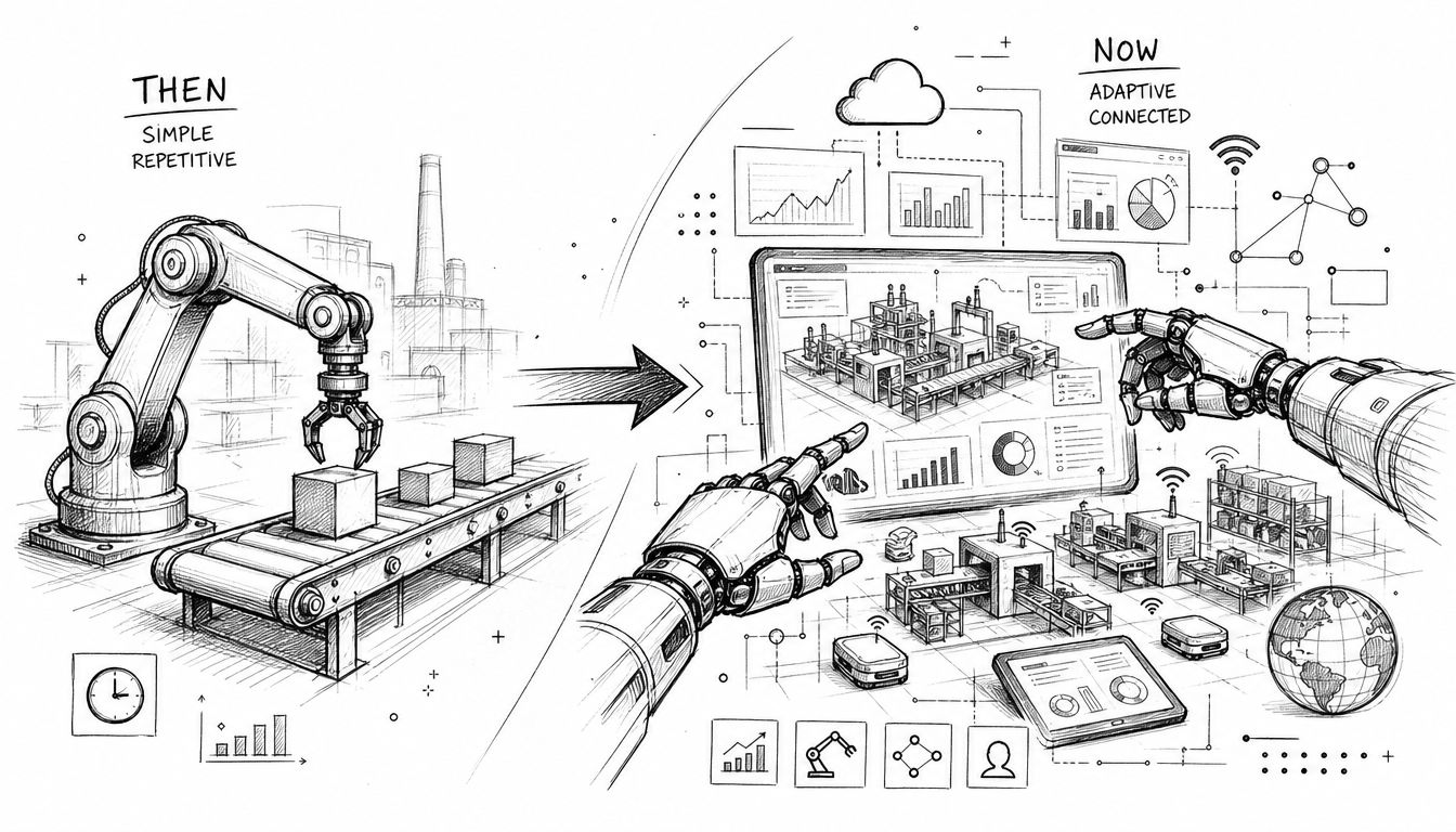 A conceptual sketch illustrating the evolution of industrial manufacturing from simple robotics to advanced connected automation systems.