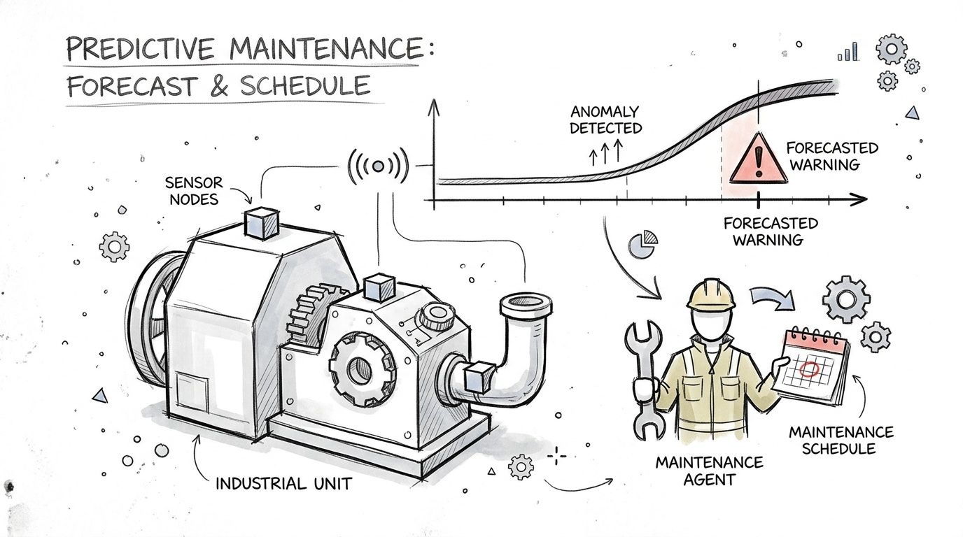 Ilustração desenhada à mão representando manutenção preditiva com sensores industriais, um gráfico de anomalias e um trabalhador de manutenção.