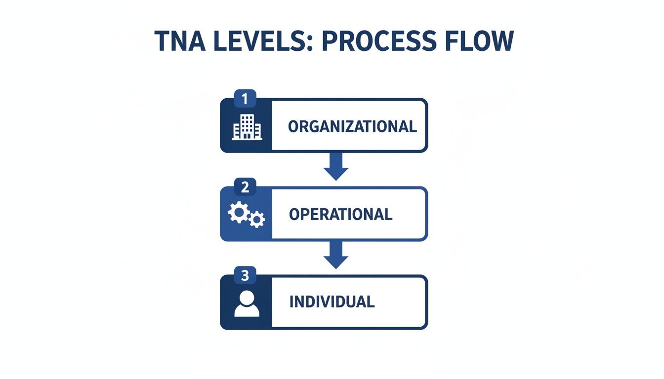 A diagram shows the three levels of a Training Needs Analysis process: Organizational, Operational, Individual.