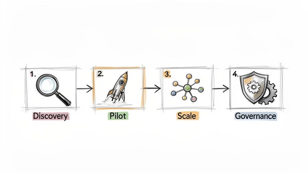 Diagrama que ilustra um processo de quatro etapas: Descoberta (lupa), Piloto (foguetão), Escala (rede), Governação (escudo).
