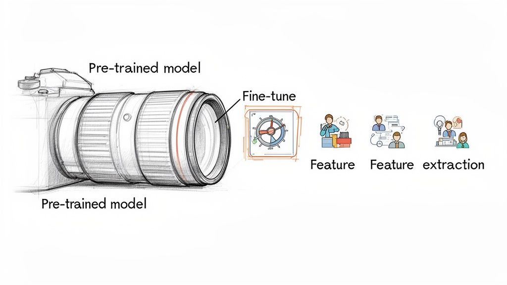 Um diagrama que ilustra um modelo de câmara pré-treinado a ser afinado para tarefas de extração de características.