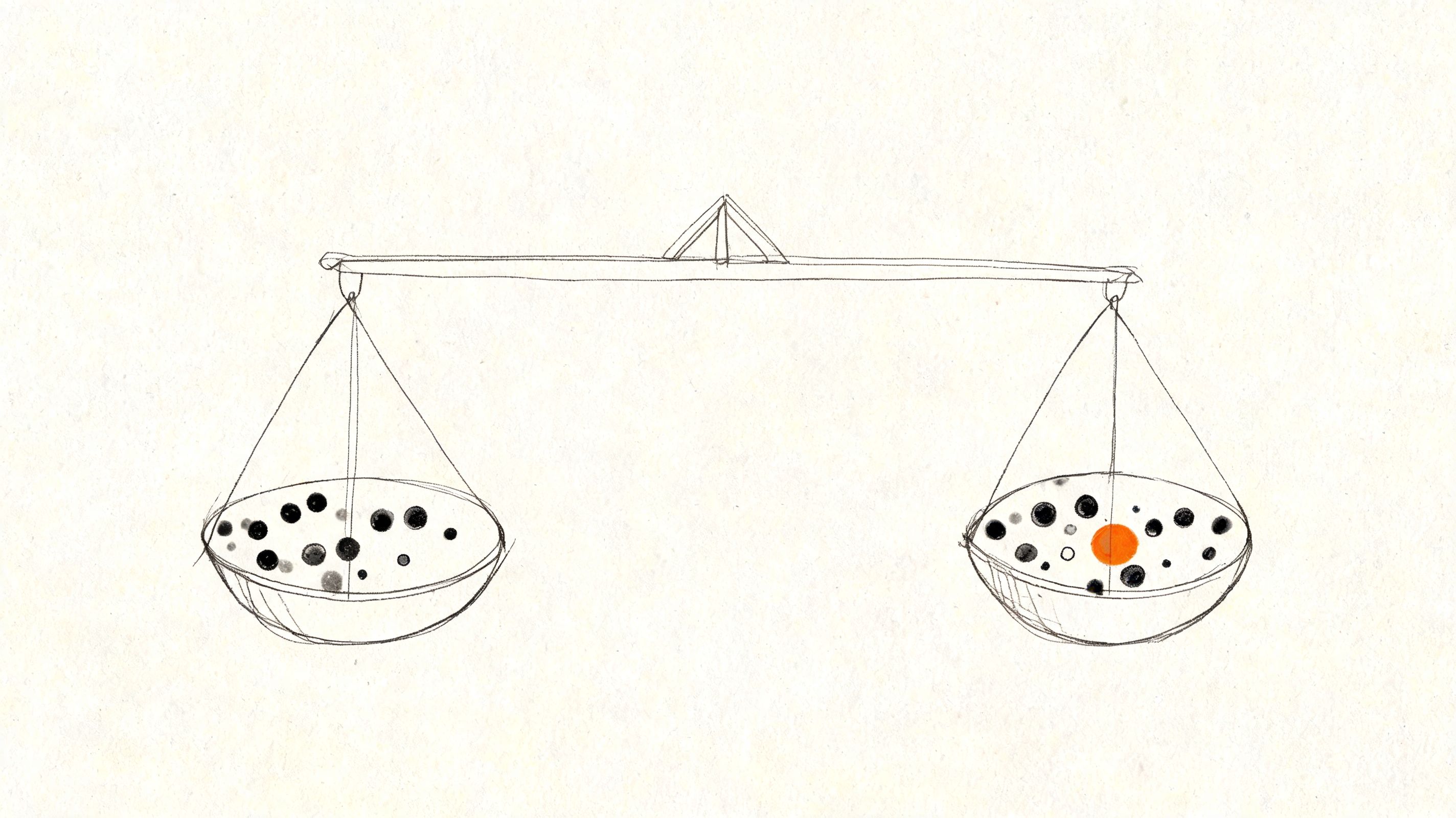 A hand-drawn illustration of a balance scale with dark spheres on both sides and one orange sphere.