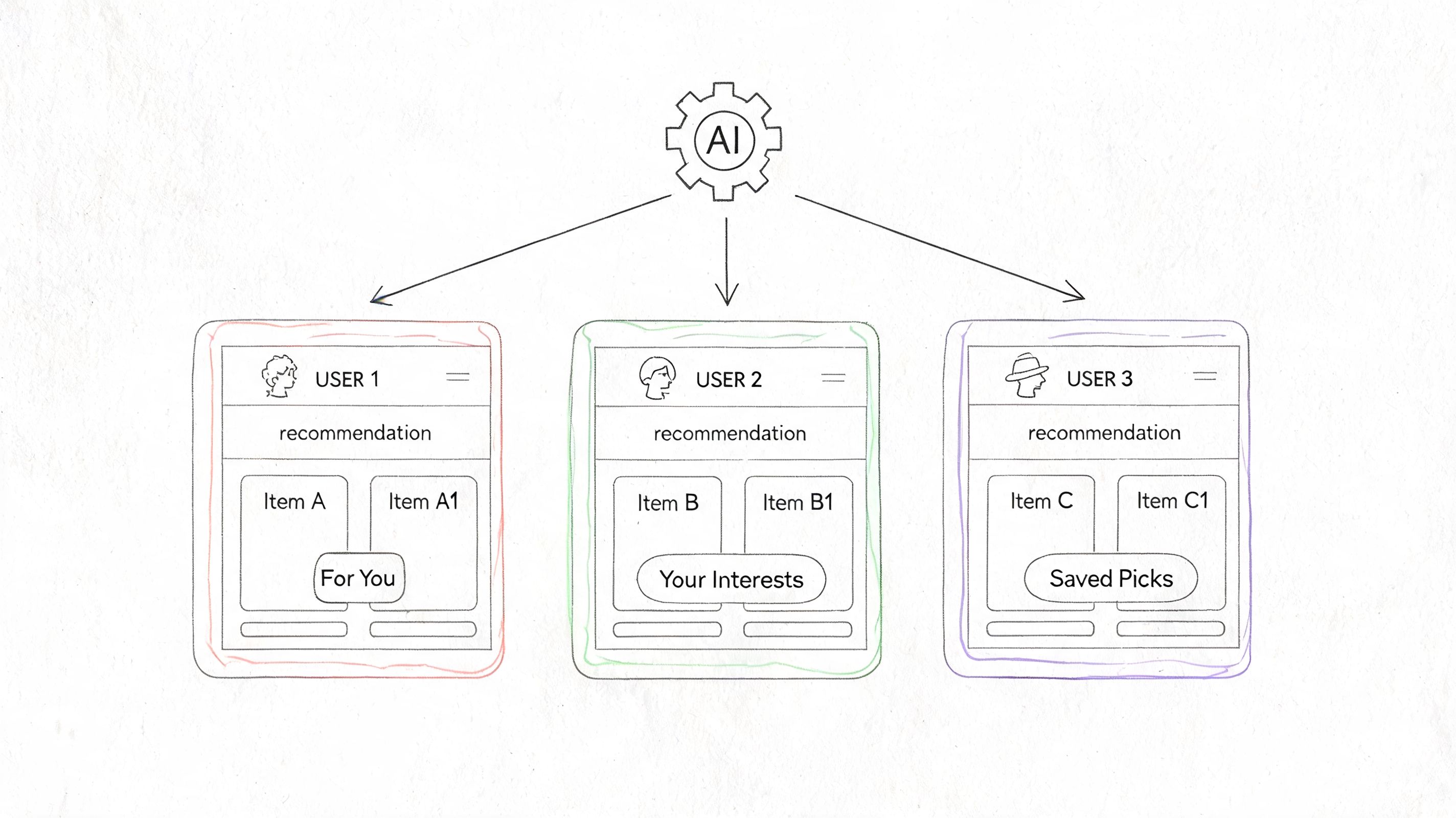 A diagram illustrating an AI engine providing personalized recommendations for three distinct users with unique interests.