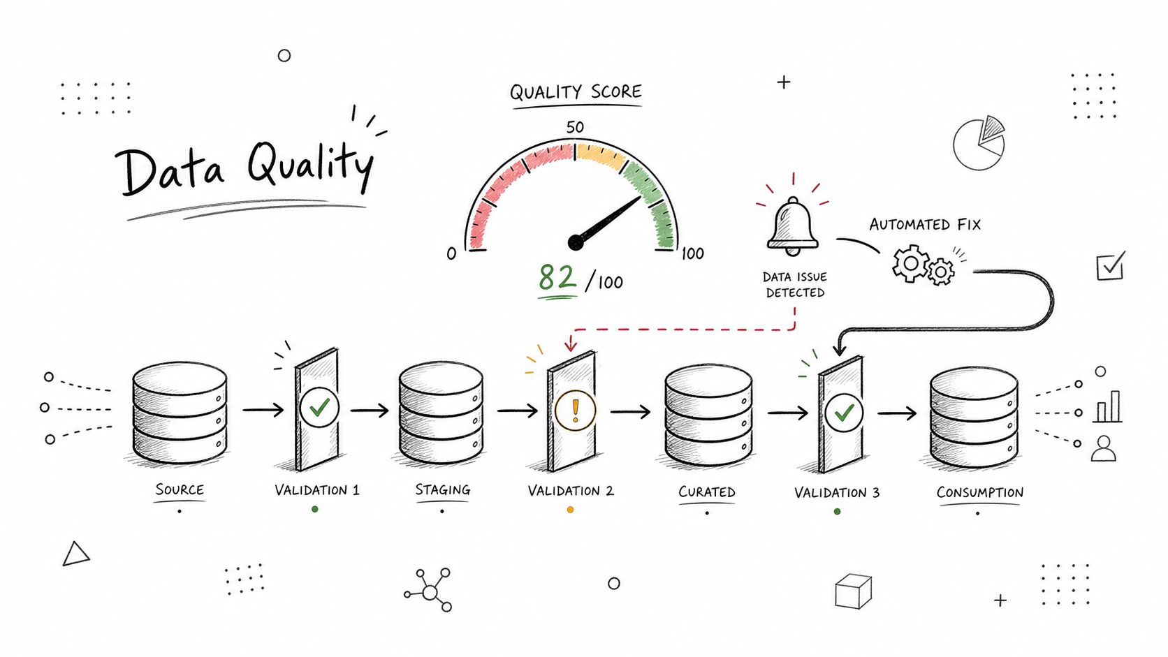 A hand-drawn illustration showing a data quality pipeline with validation steps and an automated fix process.