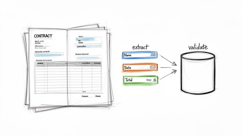 An illustration showing data extraction (name, date, total) from contract documents and subsequent validation into a database.