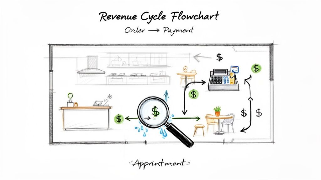 Fluxograma desenhado à mão que ilustra o ciclo de receita desde o pedido até ao pagamento num contexto empresarial.
