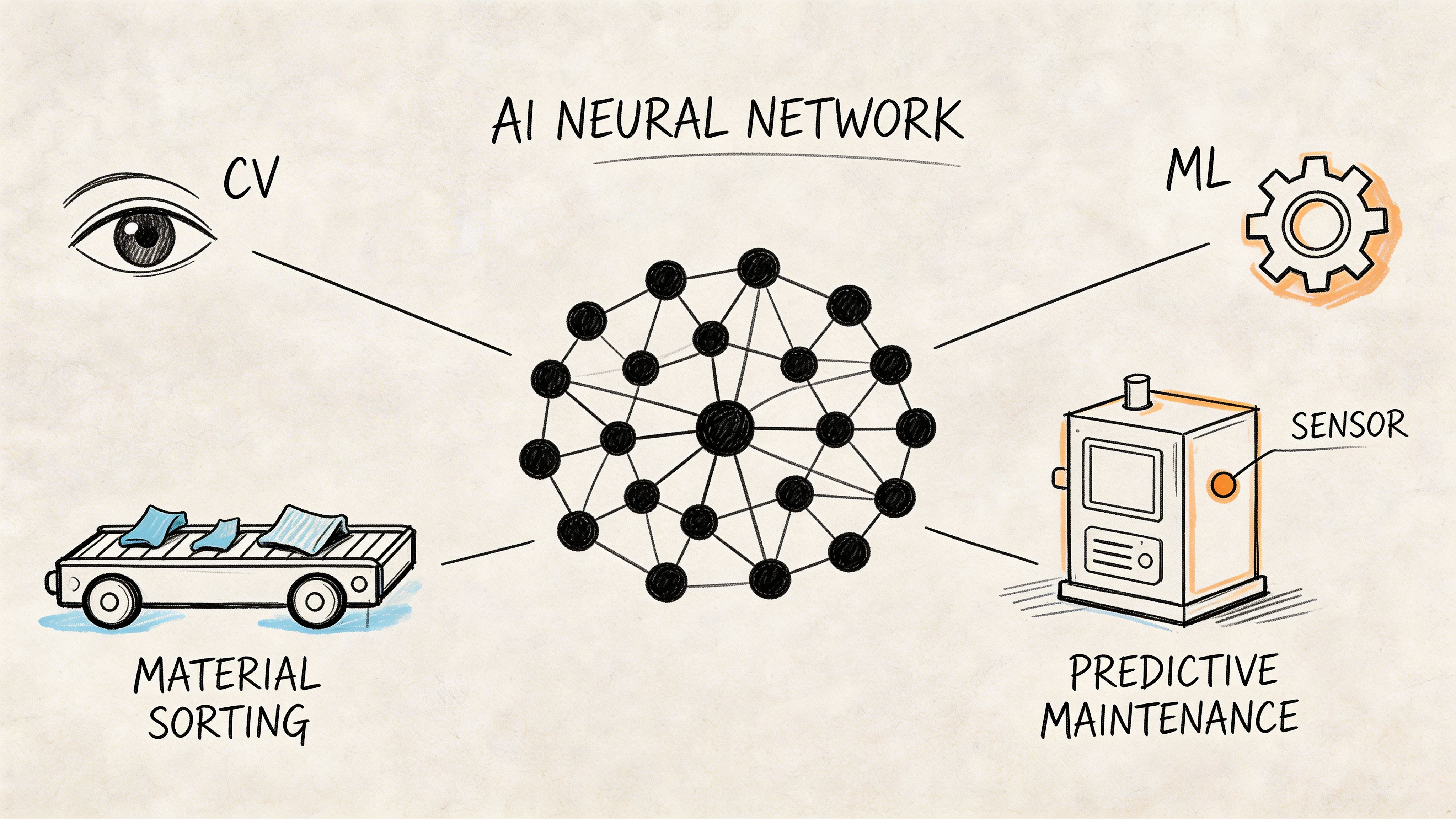 Diagrama desenhado à mão que ilustra uma rede neuronal de IA ligando visão computacional e aprendizagem automática a aplicações industriais.