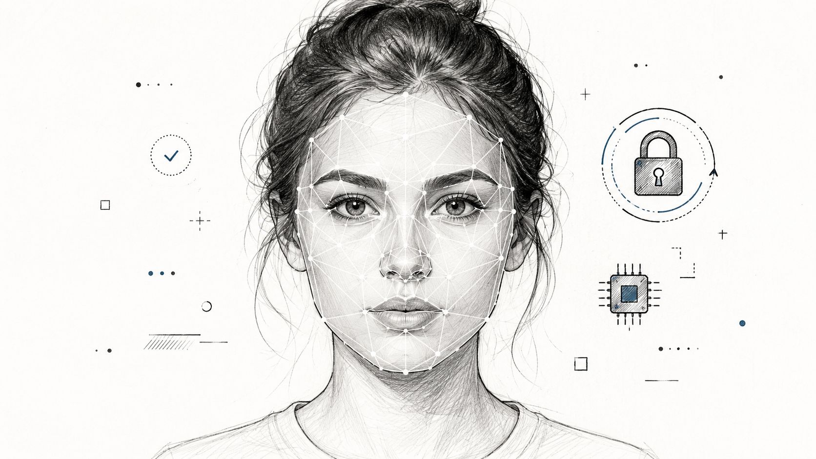 A detailed pencil sketch of a woman's face with digital facial recognition mapping lines and security icons.