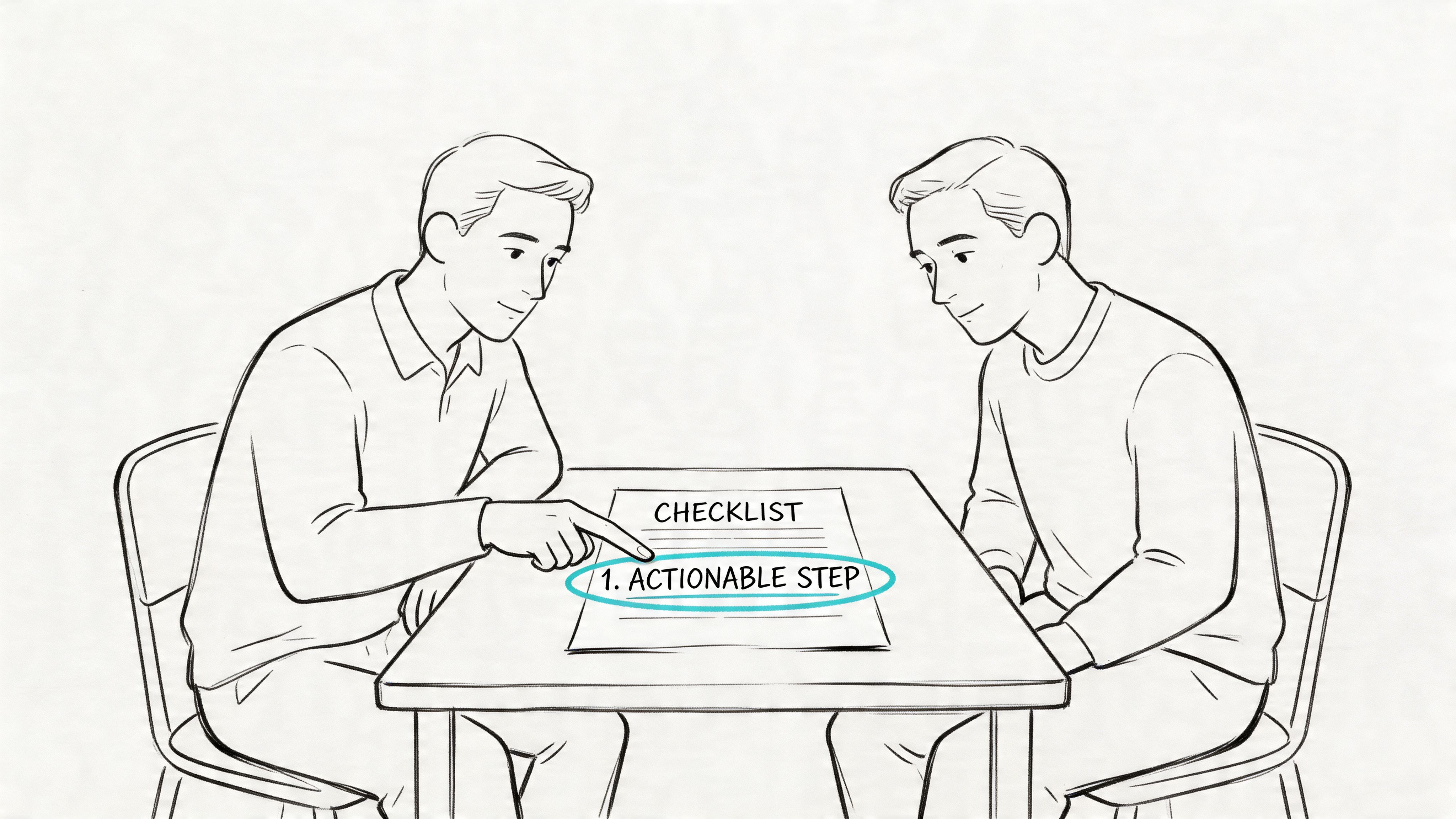 Two individuals collaborating and discussing actionable steps on a checklist during an empathy interview session.