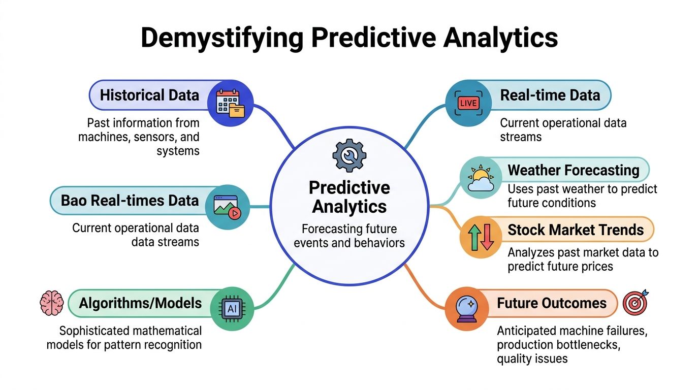A mind map infographic explaining the components and applications of predictive analytics for forecasting future events.