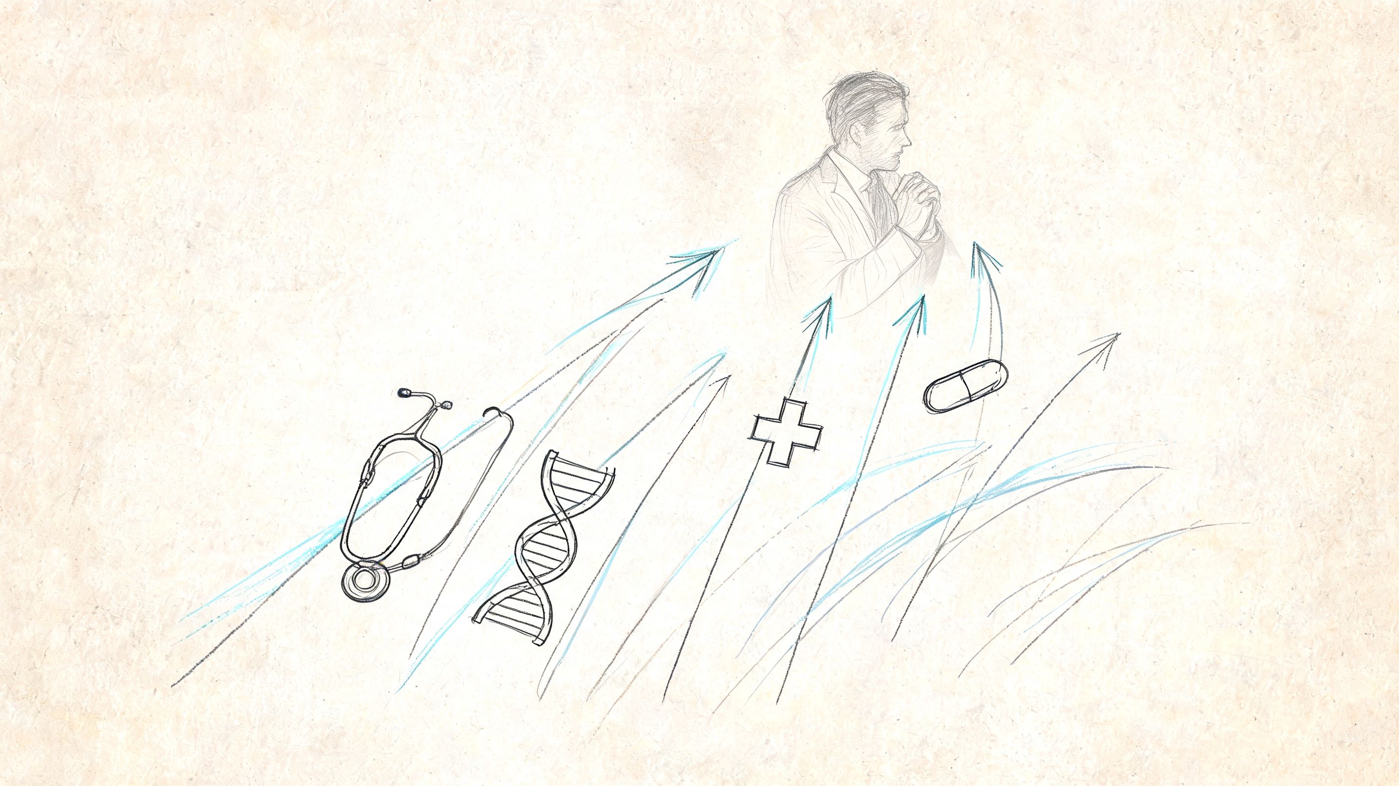 Boceto conceptual con símbolos sanitarios como un estetoscopio, una cadena de ADN, una cruz médica y una pastilla apuntando hacia un hombre de negocios.