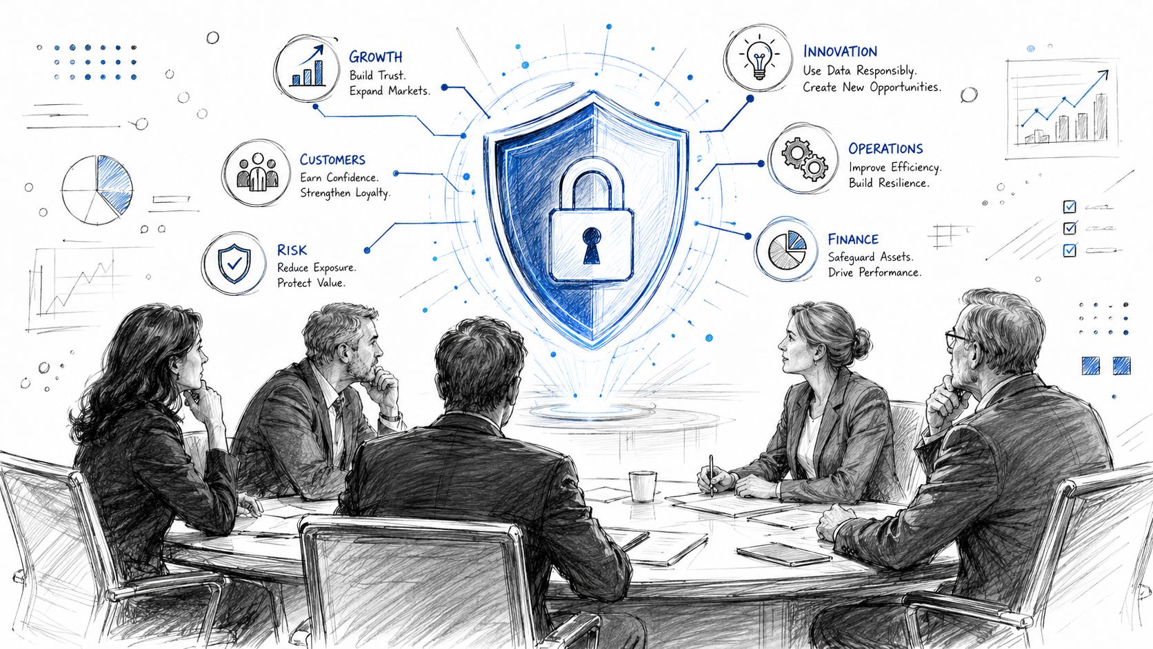 Un equipo directivo sentado alrededor de una mesa mirando un gráfico digital de un escudo luminoso que ilustra conceptos de seguridad.