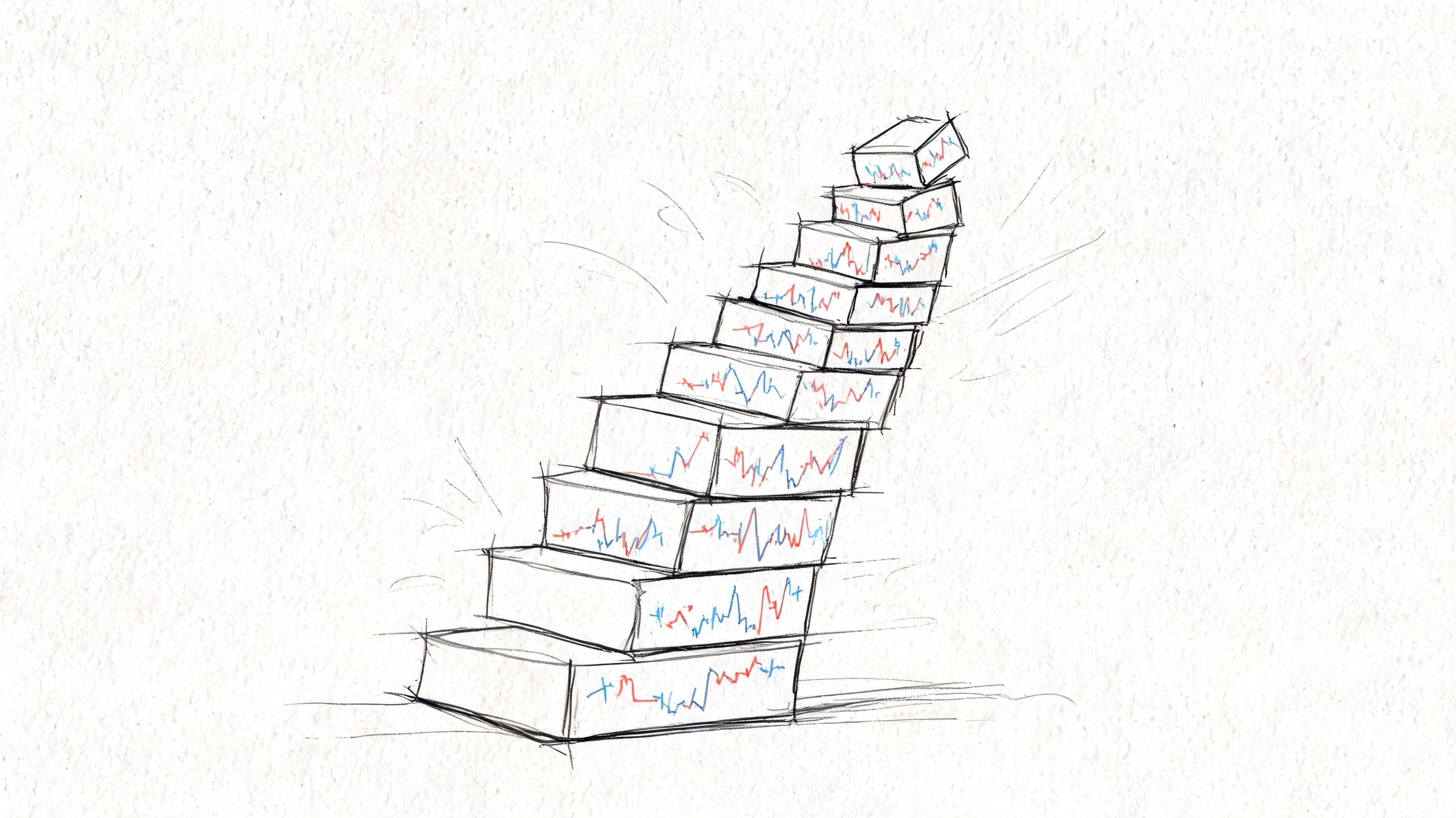 A hand-drawn sketch of a precarious stack of boxes depicting volatile stock market line graphs.