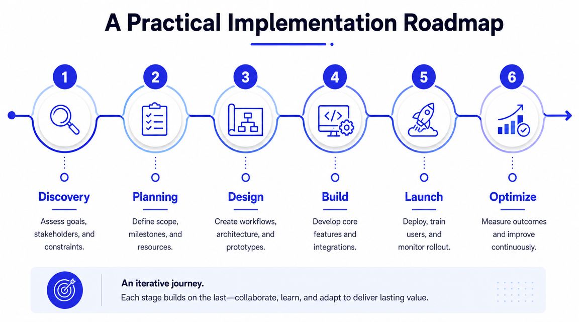 Infográfico de um roteiro prático de implementação em seis etapas que ilustra as fases desde a descoberta até à otimização para a gestão de projetos.
