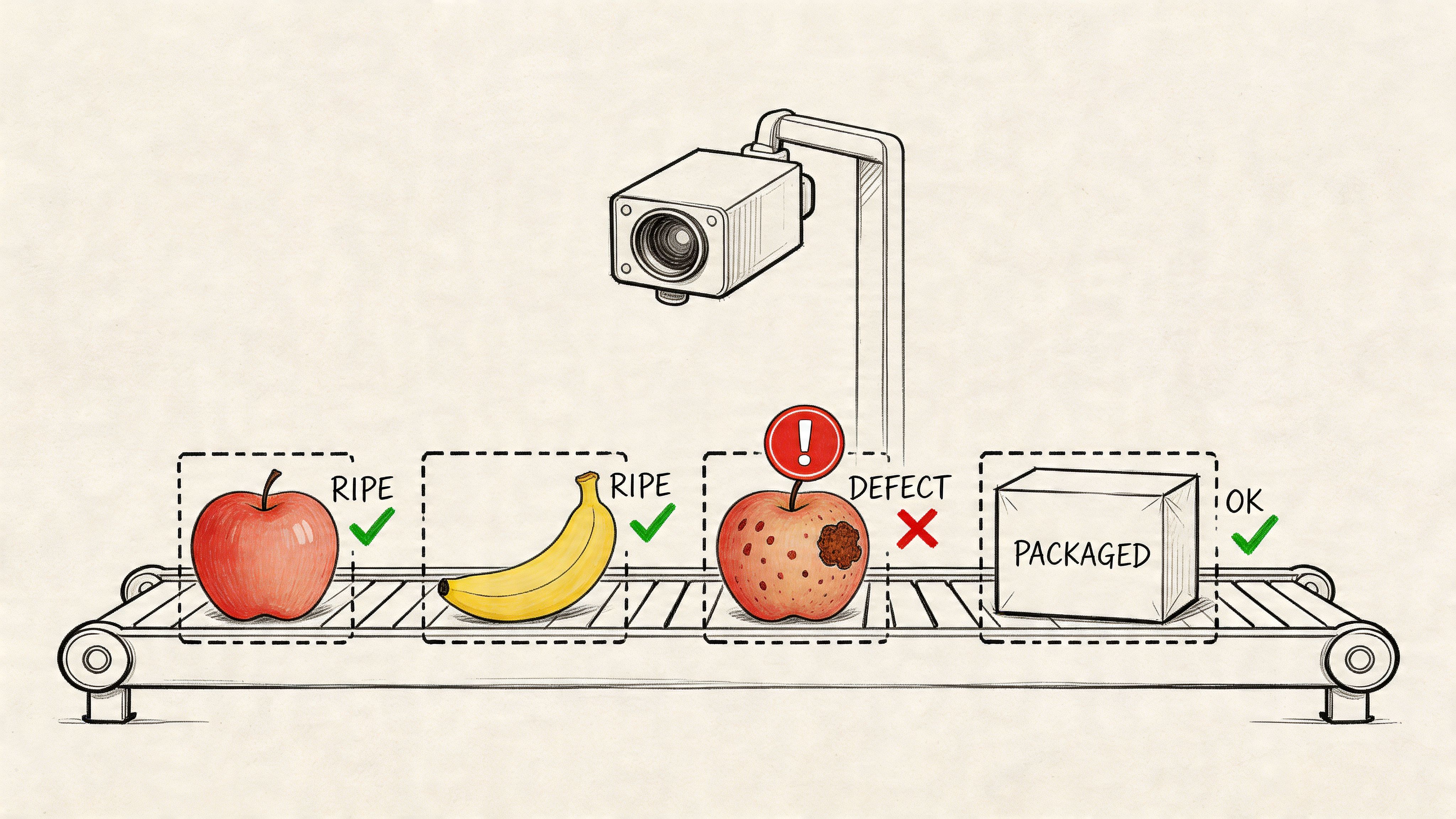 A conveyor belt with a camera inspecting fruits and products for quality control in a food industry