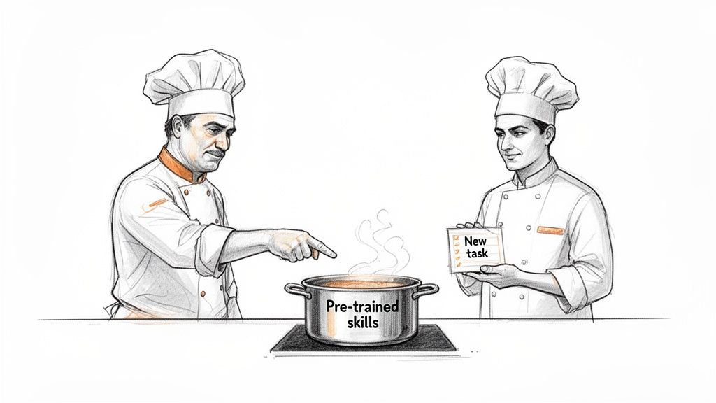 Dois chefs a demonstrar a aprendizagem por transferência: um aponta para uma panela com 'Competências pré-treinadas', o outro segura uma 'Nova tarefa'.