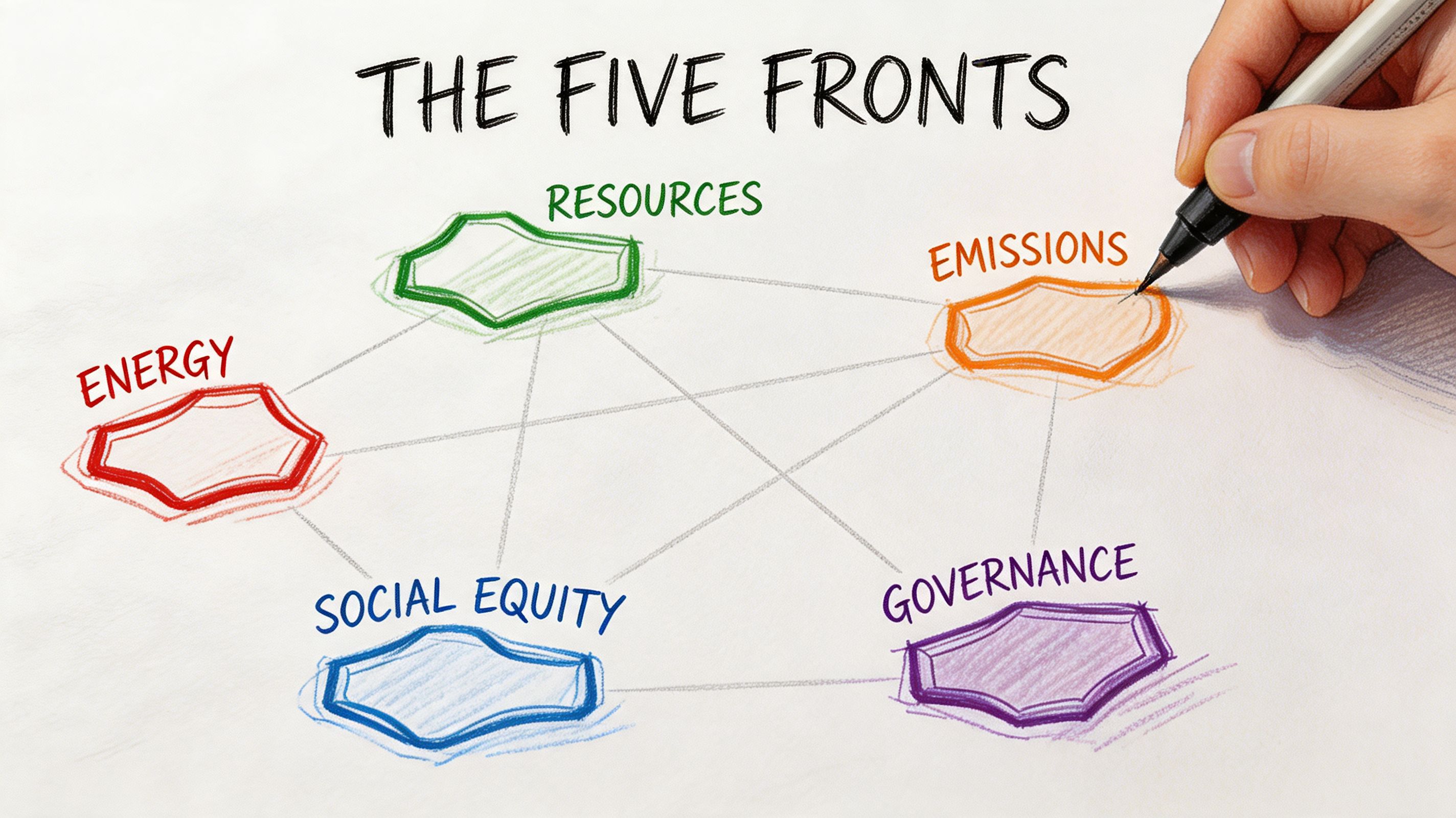 Uma mão a desenhar um diagrama intitulado As Cinco Frentes com etiquetas para energia, recursos, emissões, equidade social e governação.