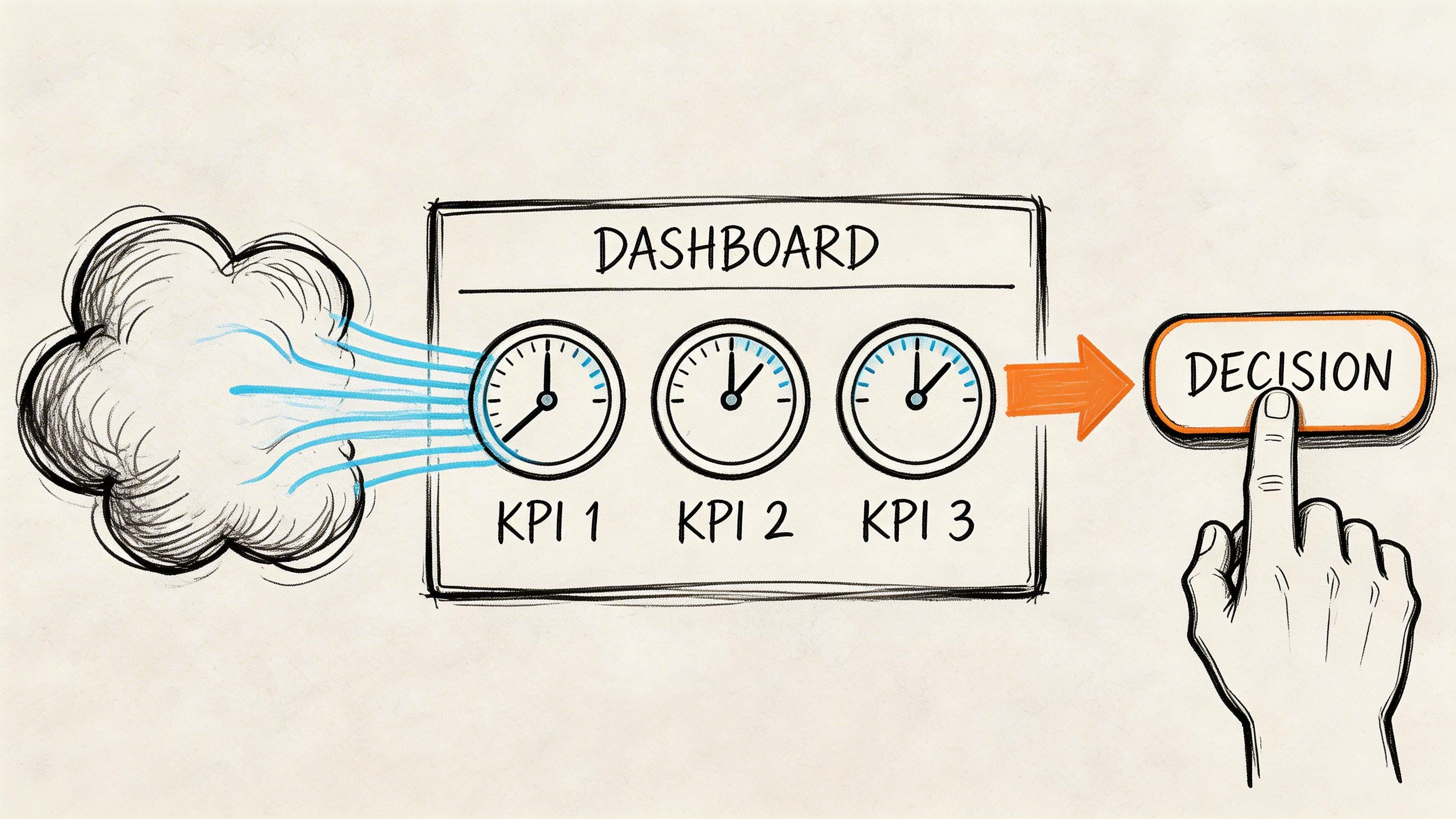 Uma mão a pressionar um botão com a palavra "decisão" depois de ver um dashboard com três velocímetros de KPI.