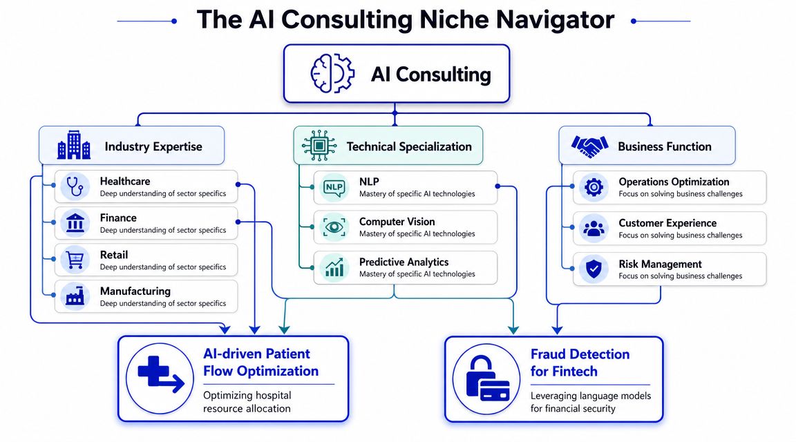 A flowchart titled The AI Consulting Niche Navigator showing how to categorize AI consulting expertise and services.