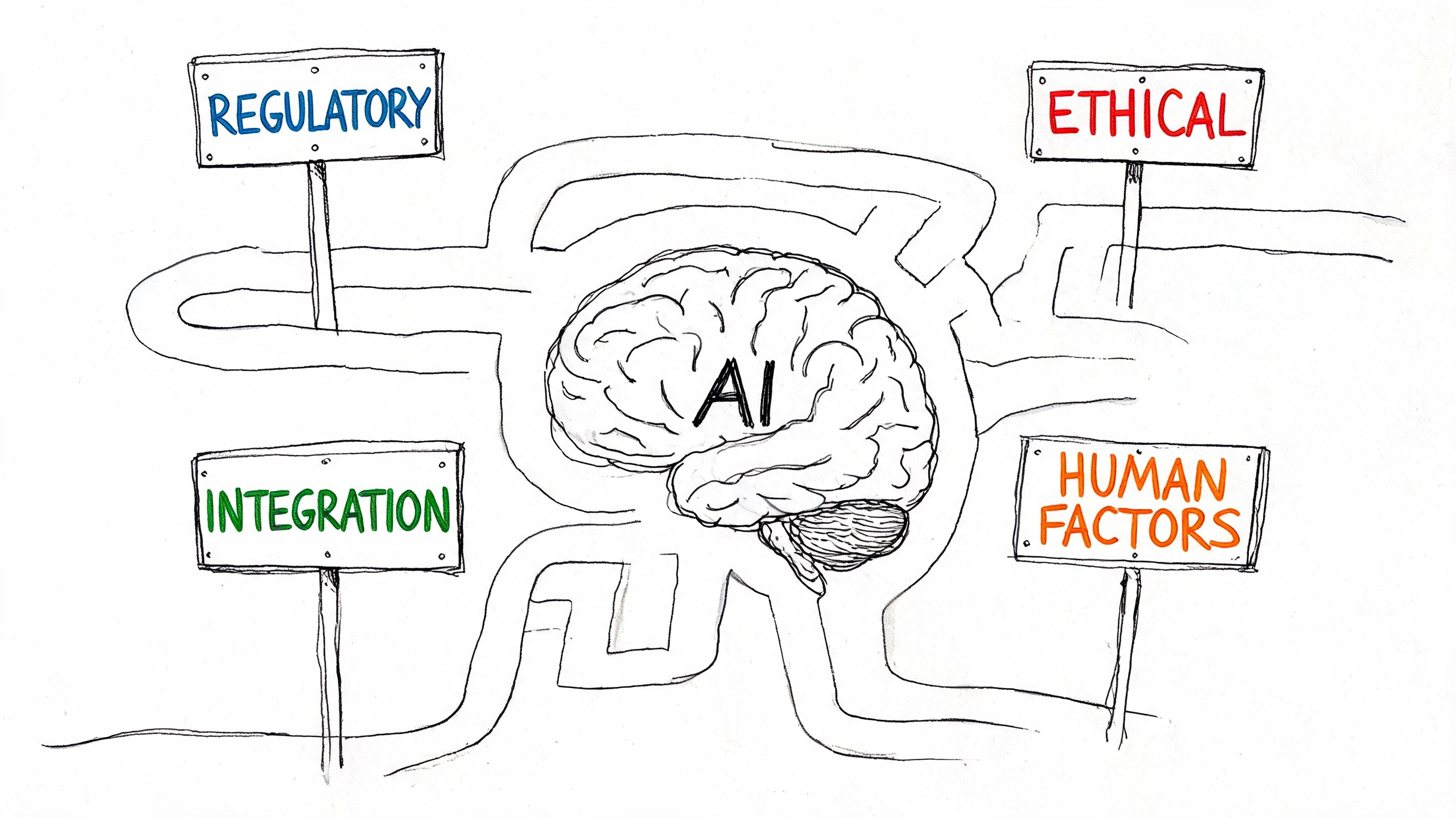 Dibujo lineal de un cerebro etiquetado como IA en el centro de un laberinto con indicadores de factores regulatorios, éticos, de integración y humanos.