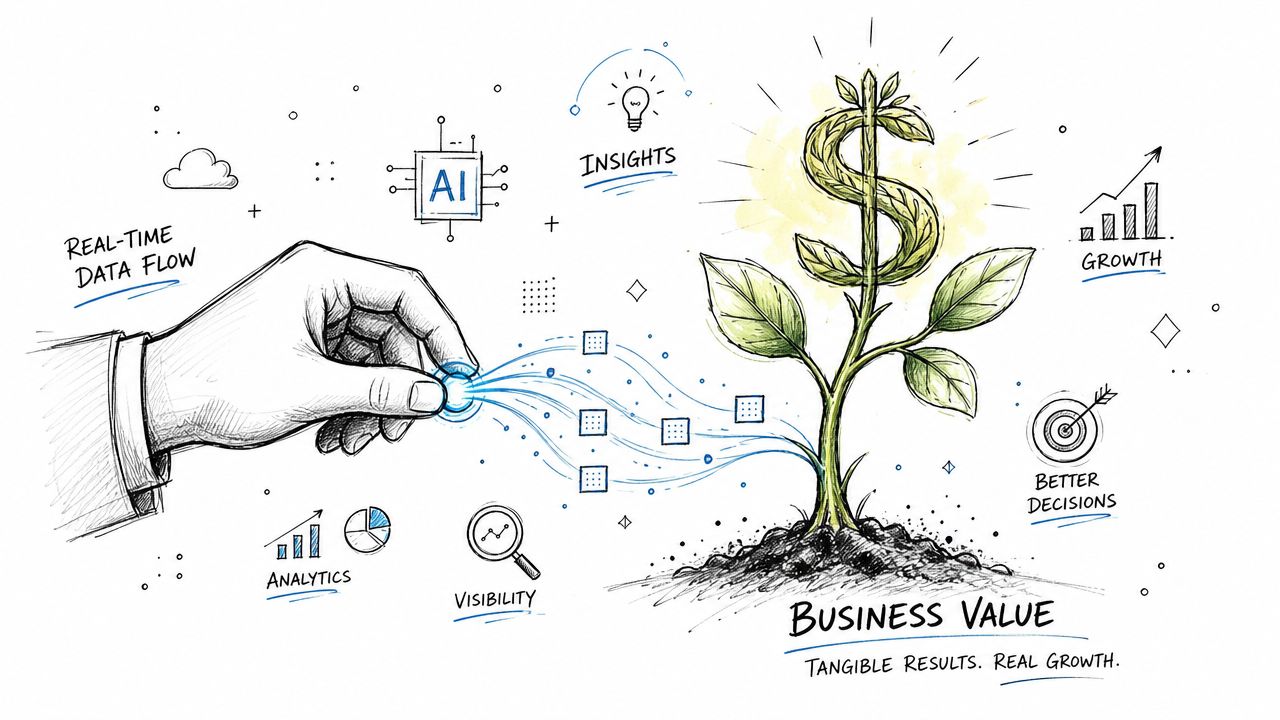 A conceptual illustration showing a hand nurturing a money tree with data flows to symbolize business growth.